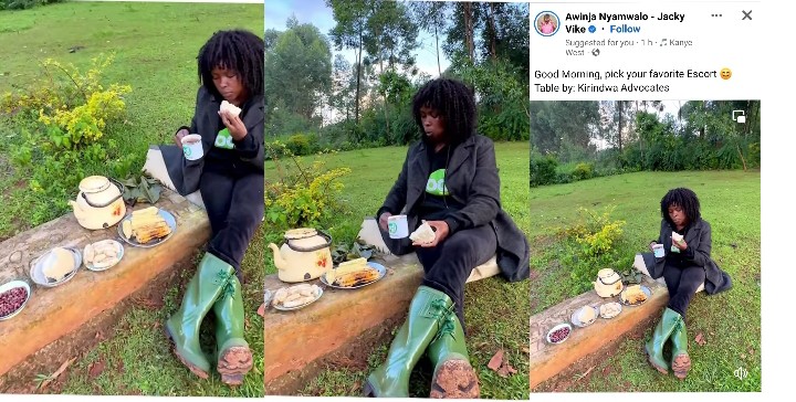 Awinja Nyamwalo taking breakfast on top of a grave
