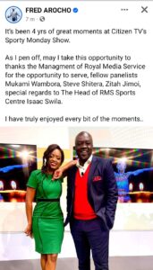 Big Blow To Citizen TV As Fred Arocho Exits The Sporty Monday Show